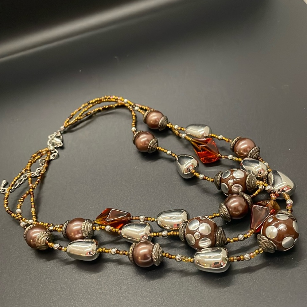 Silver and Chocolate Pearl Beaded 3-strand Chunky Statement Necklace